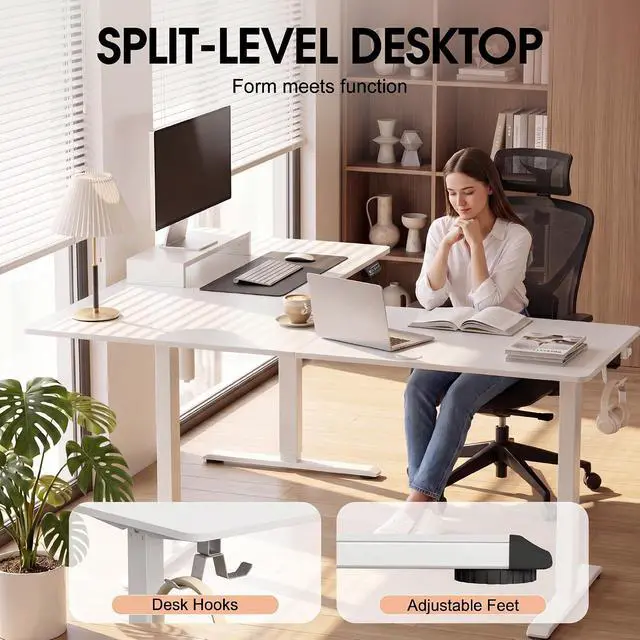 Alt view image 4 of 6 - 63 x 55 Inch L Shaped Standing Desk with 2 Preset Heights, Electric Height Adjustable Computer Table, 2 Hooks & Feet Balance, Corner Sit Stand Desk for Home Office (White, 63 x 55 Inch)