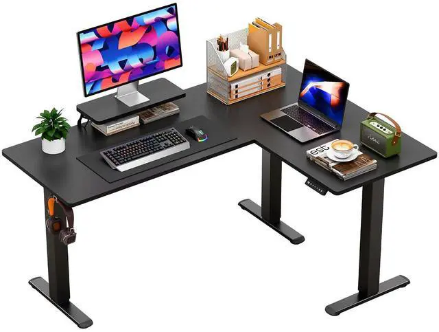 Main image of 63 x 47 Inch L Shaped Standing Desk with 2 Preset Heights, Electric Height Adjustable Computer Desk, Corner Sit Stand Desk for Home Office, 2 Hooks & Feet Balance (Black, 63 x 47 Inch)