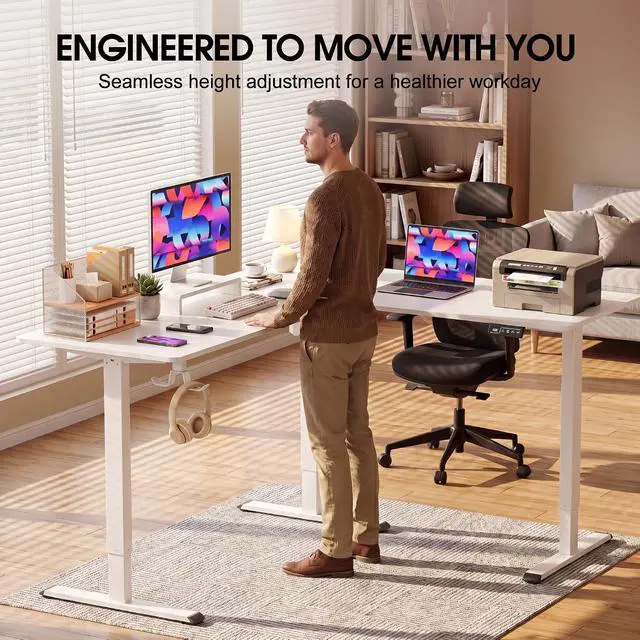 Alt view image 5 of 6 - 63 x 55 Inch L Shaped Standing Desk with 2 Preset Heights, Electric Height Adjustable Computer Table, 2 Hooks & Feet Balance, Corner Sit Stand Desk for Home Office (White, 63 x 55 Inch)