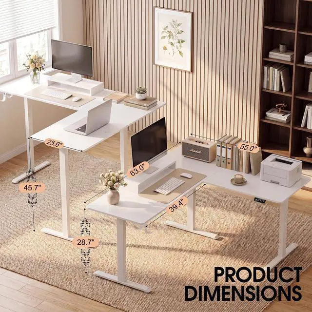 Alt view image 6 of 6 - 63 x 55 Inch L Shaped Standing Desk with 2 Preset Heights, Electric Height Adjustable Computer Table, 2 Hooks & Feet Balance, Corner Sit Stand Desk for Home Office (White, 63 x 55 Inch)