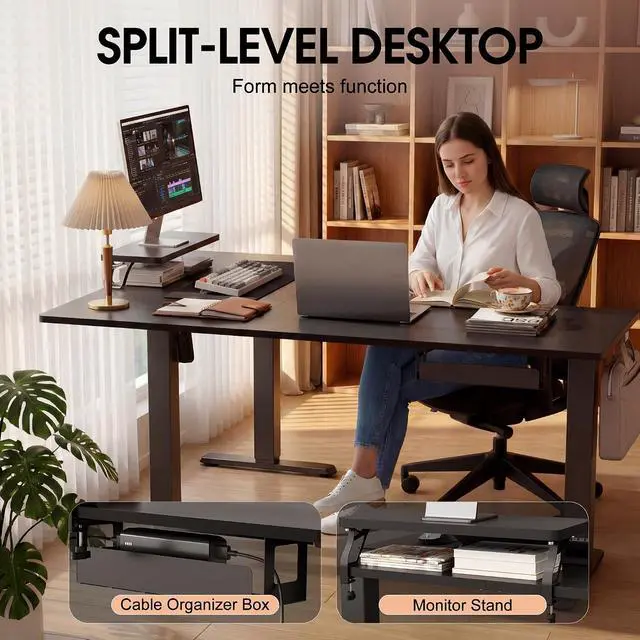 Alt view image 4 of 7 - 63 x 47 Inch L Shaped Standing Desk with 2 Preset Heights, Electric Height Adjustable Computer Desk, Corner Sit Stand Desk for Home Office, 2 Hooks & Feet Balance (Black, 63 x 47 Inch)