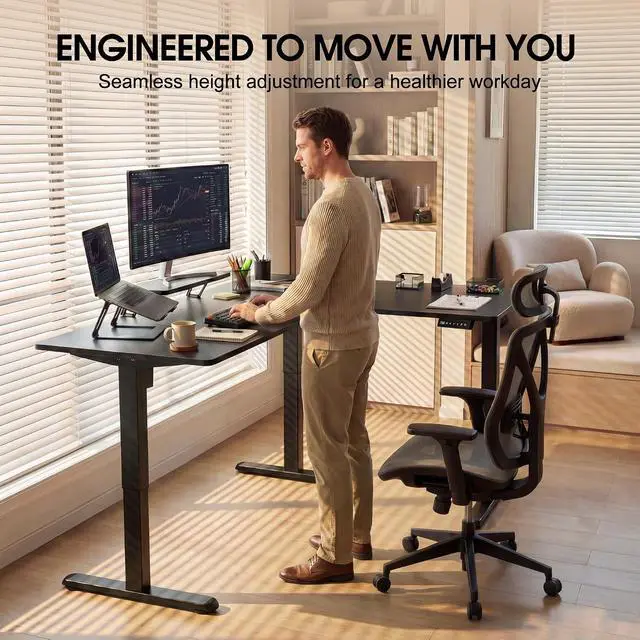 Alt view image 6 of 7 - 63 x 47 Inch L Shaped Standing Desk with 2 Preset Heights, Electric Height Adjustable Computer Desk, Corner Sit Stand Desk for Home Office, 2 Hooks & Feet Balance (Black, 63 x 47 Inch)
