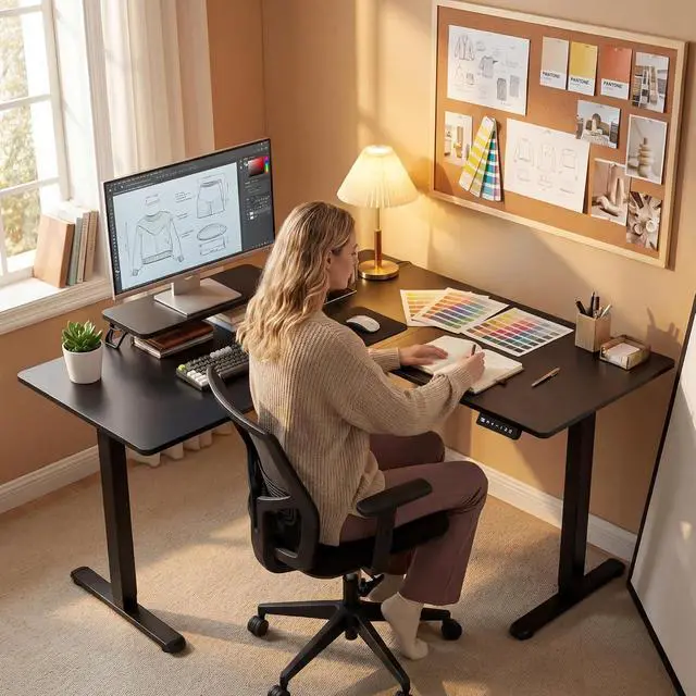 Alt view image 2 of 7 - 63 x 47 Inch L Shaped Standing Desk with 2 Preset Heights, Electric Height Adjustable Computer Desk, Corner Sit Stand Desk for Home Office, 2 Hooks & Feet Balance (Black, 63 x 47 Inch)