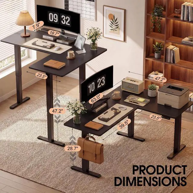 Alt view image 7 of 7 - 63 x 47 Inch L Shaped Standing Desk with 2 Preset Heights, Electric Height Adjustable Computer Desk, Corner Sit Stand Desk for Home Office, 2 Hooks & Feet Balance (Black, 63 x 47 Inch)