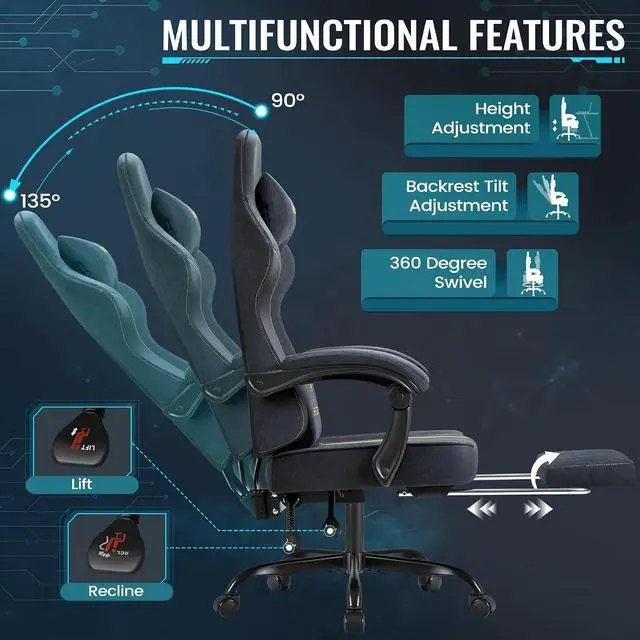 Alt view image 7 of 7 - Gaming Chair with Massage & Footrest, Ergonomic Computer Office Chair, High-Back Racing Style Reclining Chair with Adjustable Lumbar Support, Breathable Tech Fabric for Adults (Dark Black)