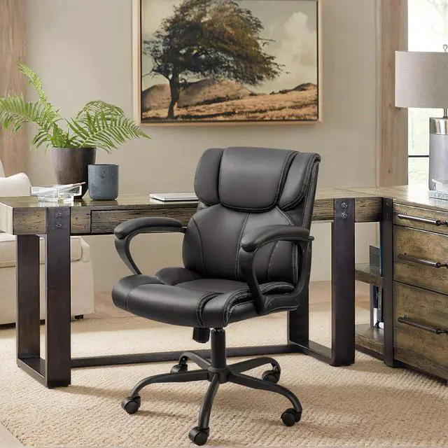 Alt view image 2 of 7 - Mid Back Executive Office Chair Swivel Computer Task Chair with Armrests,Ergonomic Leather-Padded Desk Chair with Lumbar Support