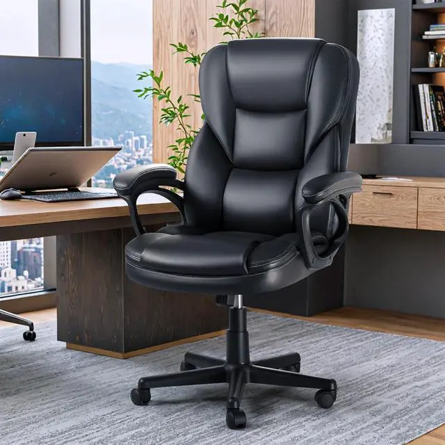 Alt view image 2 of 7 - Executive Office Chair High Back Managerial Home Desk Chair, Adjustable Swivel Computer PU Leather Chair with Lumbar Support (Black)