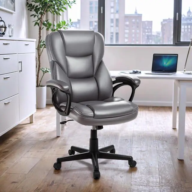 Alt view image 2 of 7 - Executive Office Chair High Back Managerial Home Desk Chair, Adjustable Swivel Computer PU Leather Chair with Lumbar Support (Gray)