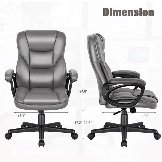 Alt view image 3 of 7 - Executive Office Chair High Back Managerial Home Desk Chair, Adjustable Swivel Computer PU Leather Chair with Lumbar Support (Gray)