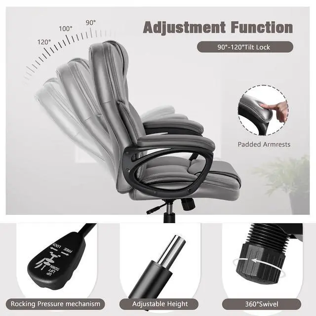 Alt view image 5 of 7 - Executive Office Chair High Back Managerial Home Desk Chair, Adjustable Swivel Computer PU Leather Chair with Lumbar Support (Gray)