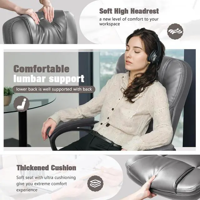 Alt view image 4 of 7 - Executive Office Chair High Back Managerial Home Desk Chair, Adjustable Swivel Computer PU Leather Chair with Lumbar Support (Gray)