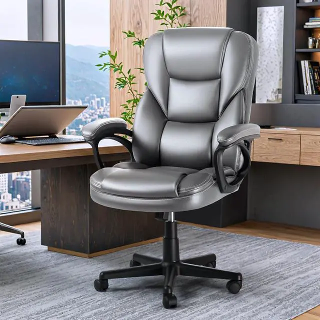 Alt view image 7 of 7 - Executive Office Chair High Back Managerial Home Desk Chair, Adjustable Swivel Computer PU Leather Chair with Lumbar Support (Gray)