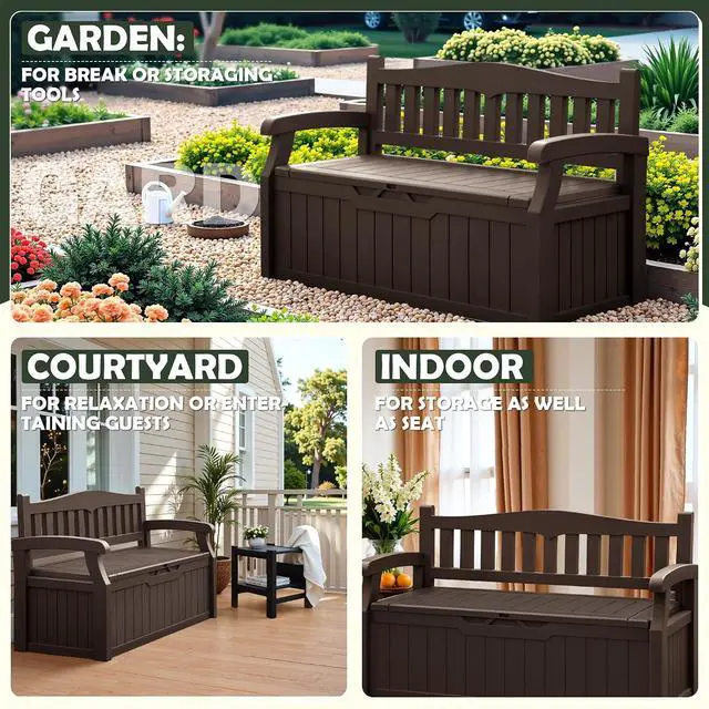 Alt view image 4 of 6 - 80 Gallon Storage Bench Outdoor Indoor, Durable All-Weather Seating with Hidden Storage, Lockable Deck Box for Garden, Patio, Poolside (Brown)