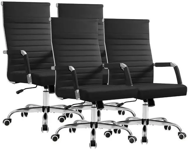 Main image of Ergonomic Office Desk Chair, Executive Ribbed Mid-Back PU Leather Conference Room Chair Adjustable Swivel Chair with Arms (4 pcs, Black)