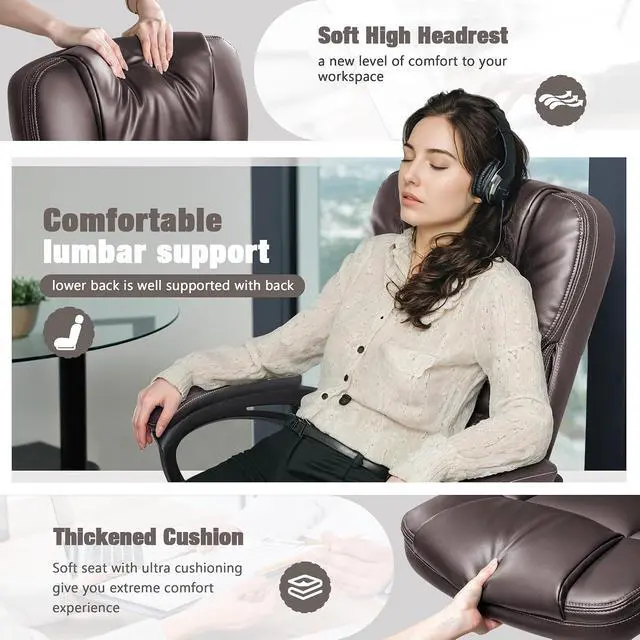Alt view image 4 of 7 - Executive Office Chair High Back Managerial Home Desk Chair, Adjustable Swivel Computer PU Leather Chair with Lumbar Support (Brown)