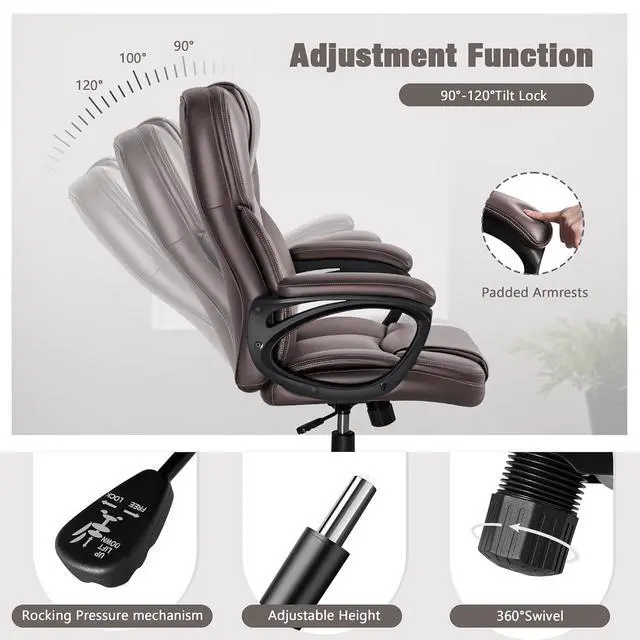 Alt view image 5 of 7 - Executive Office Chair High Back Managerial Home Desk Chair, Adjustable Swivel Computer PU Leather Chair with Lumbar Support (Brown)