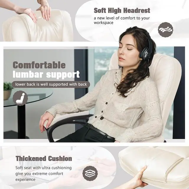 Alt view image 4 of 7 - Executive Office Chair High Back Managerial Home Desk Chair, Adjustable Swivel Computer PU Leather Chair with Lumbar Support (Beige)