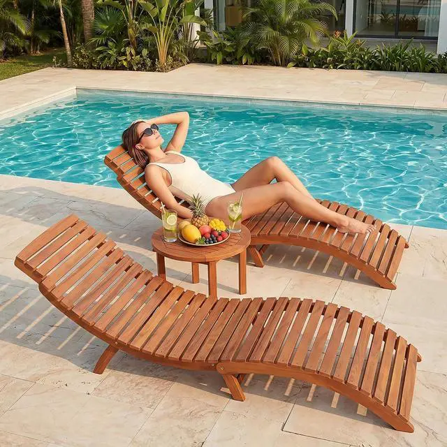 Main image of Lounge Chairs for Outside Folding Acacia Wood Chaise Lounge with Side Handle Sun Lounger for Poolside, Lawn, Backyard (2 Piece)