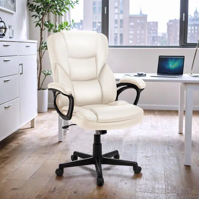 Alt view image 2 of 7 - Executive Office Chair High Back Managerial Home Desk Chair, Adjustable Swivel Computer PU Leather Chair with Lumbar Support (Beige)