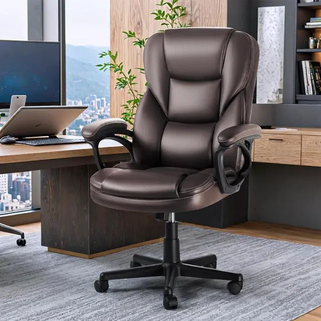 Alt view image 2 of 7 - Executive Office Chair High Back Managerial Home Desk Chair, Adjustable Swivel Computer PU Leather Chair with Lumbar Support (Brown)