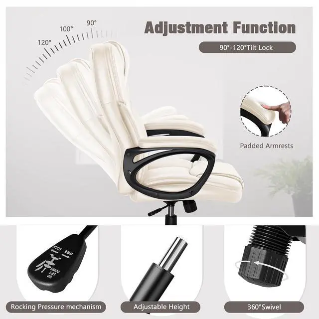 Alt view image 5 of 7 - Executive Office Chair High Back Managerial Home Desk Chair, Adjustable Swivel Computer PU Leather Chair with Lumbar Support (Beige)