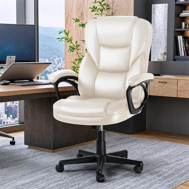 Alt view image 7 of 7 - Executive Office Chair High Back Managerial Home Desk Chair, Adjustable Swivel Computer PU Leather Chair with Lumbar Support (Beige)