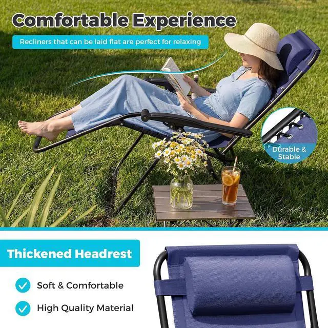 Alt view image 5 of 7 - Zero Gravity Chair Patio Folding Lawn Outdoor Lounge Gravity Camp Reclining Lounge Chair with Cup Holder Pillows for Poolside Backyard and Beach Set of 4 (Blue)