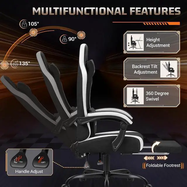 Alt view image 6 of 7 - Gaming Chair with Massage & Footrest, Ergonomic Computer Office Chair, High-Back Racing Style Reclining Chair with Adjustable Lumbar Support, Breathable Tech Fabric for Adults (Black)