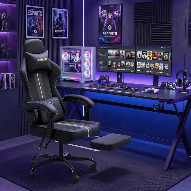 Alt view image 2 of 7 - Gaming Chair with Massage & Footrest, Ergonomic Computer Office Chair, High-Back Racing Style Reclining Chair with Adjustable Lumbar Support, Breathable Tech Fabric for Adults (Dark Black)