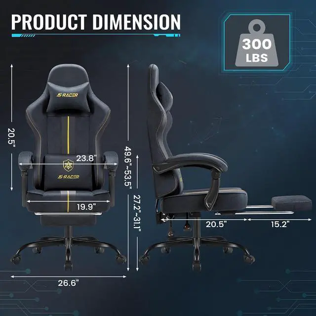 Alt view image 3 of 7 - Gaming Chair with Massage & Footrest, Ergonomic Computer Office Chair, High-Back Racing Style Reclining Chair with Adjustable Lumbar Support, Breathable Tech Fabric for Adults (Dark Black)