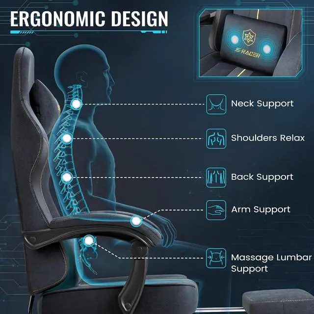 Alt view image 4 of 7 - Gaming Chair with Massage & Footrest, Ergonomic Computer Office Chair, High-Back Racing Style Reclining Chair with Adjustable Lumbar Support, Breathable Tech Fabric for Adults (Dark Black)