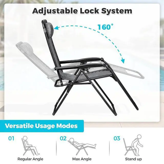 Alt view image 6 of 7 - Zero Gravity Chair Patio Folding Lawn Outdoor Lounge Reclining Chair with Cup Holder Pillows for Poolside Backyard and Beach Set of 4 Double Grey