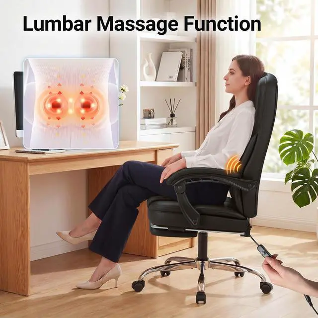Alt view image 4 of 7 - Massage Office Chair with Foot Rest Executive Big and Tall Office Chair Ergonomic Home Office Desk Chairs, Reclining High Back Leather Chair with Lumbar Support, 400LBS (Black)