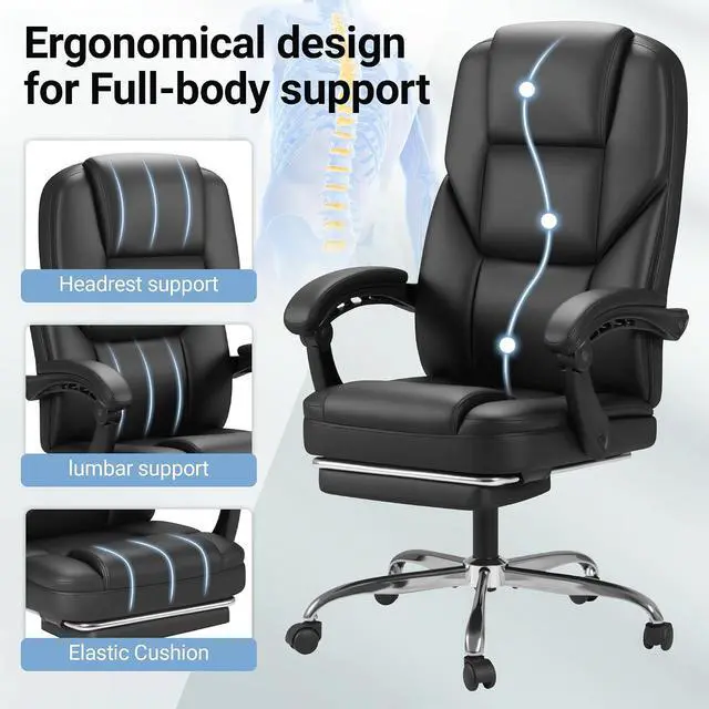 Alt view image 5 of 7 - Massage Office Chair with Foot Rest Executive Big and Tall Office Chair Ergonomic Home Office Desk Chairs, Reclining High Back Leather Chair with Lumbar Support, 400LBS (Black)