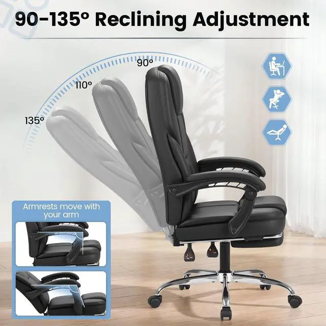 Alt view image 6 of 7 - Massage Office Chair with Foot Rest Executive Big and Tall Office Chair Ergonomic Home Office Desk Chairs, Reclining High Back Leather Chair with Lumbar Support, 400LBS (Black)