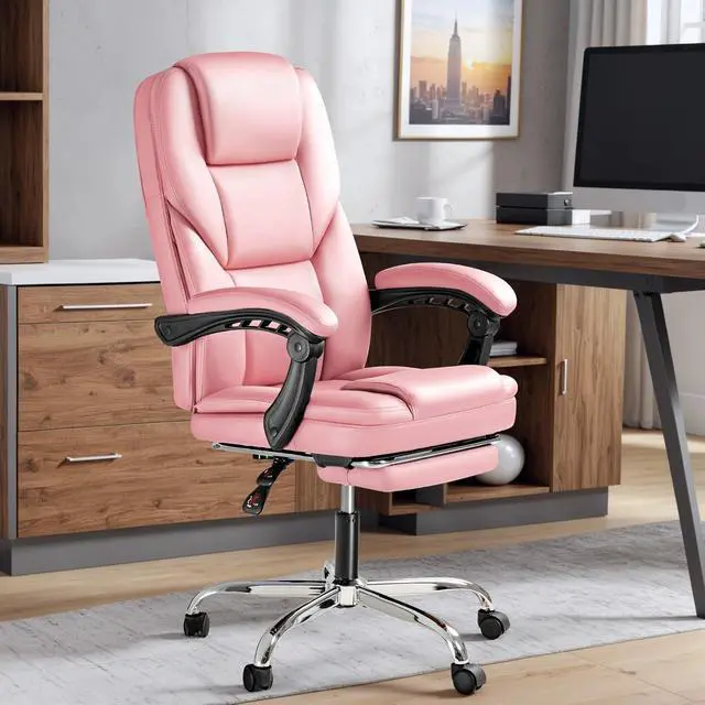 Alt view image 2 of 7 - Executive Office Chair with Foot Rest Big and Tall Office Chair Ergonomic Home Office Desk Chairs Reclining High Back Leather Chair with Lumbar Support, 400LBS (Pink)