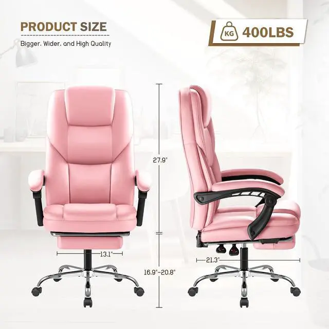 Alt view image 3 of 7 - Executive Office Chair with Foot Rest Big and Tall Office Chair Ergonomic Home Office Desk Chairs Reclining High Back Leather Chair with Lumbar Support, 400LBS (Pink)