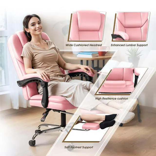 Alt view image 4 of 7 - Executive Office Chair with Foot Rest Big and Tall Office Chair Ergonomic Home Office Desk Chairs Reclining High Back Leather Chair with Lumbar Support, 400LBS (Pink)