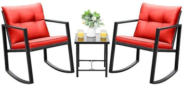 Main image of 3 Piece Rocking Bistro Set Wicker Patio Outdoor Furniture Porch Chairs Conversation Sets with Glass Coffee Table (Red)