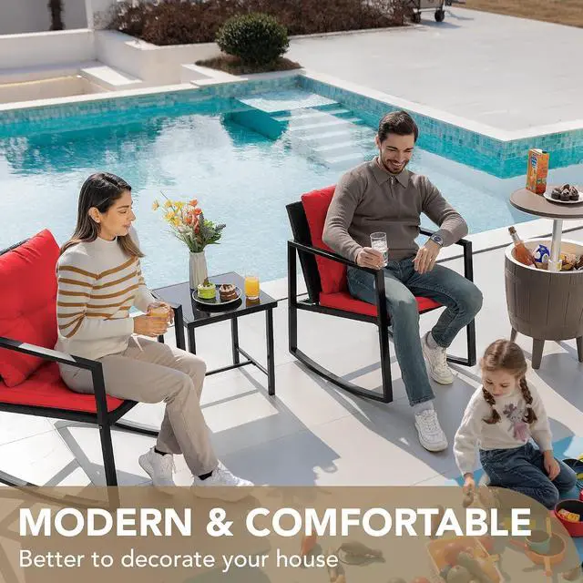 Alt view image 2 of 7 - 3 Piece Rocking Bistro Set Wicker Patio Outdoor Furniture Porch Chairs Conversation Sets with Glass Coffee Table (Red)