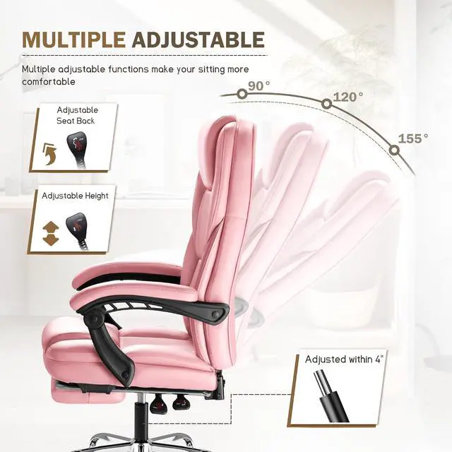Alt view image 5 of 7 - Executive Office Chair with Foot Rest Big and Tall Office Chair Ergonomic Home Office Desk Chairs Reclining High Back Leather Chair with Lumbar Support, 400LBS (Pink)