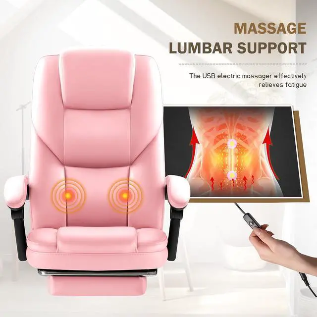 Alt view image 6 of 7 - Executive Office Chair with Foot Rest Big and Tall Office Chair Ergonomic Home Office Desk Chairs Reclining High Back Leather Chair with Lumbar Support, 400LBS (Pink)