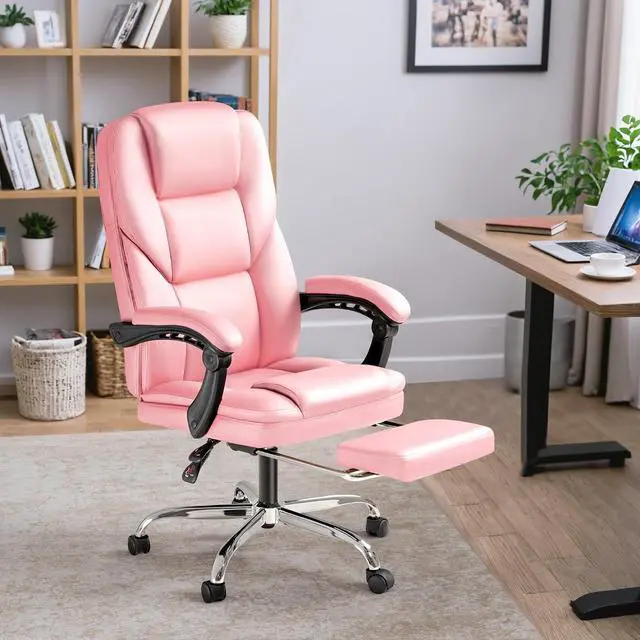 Alt view image 7 of 7 - Executive Office Chair with Foot Rest Big and Tall Office Chair Ergonomic Home Office Desk Chairs Reclining High Back Leather Chair with Lumbar Support, 400LBS (Pink)