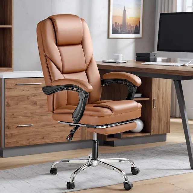 Alt view image 2 of 7 - Executive Office Chair with Foot Rest Big and Tall Office Chair Ergonomic Home Office Desk Chairs Reclining High Back Leather Chair with Lumbar Support, 400LBS (Brown)