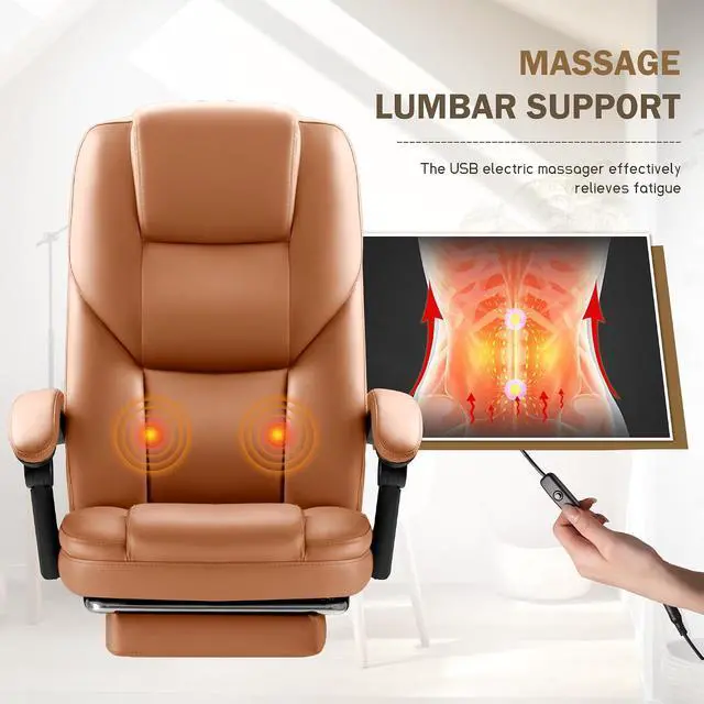 Alt view image 4 of 7 - Executive Office Chair with Foot Rest Big and Tall Office Chair Ergonomic Home Office Desk Chairs Reclining High Back Leather Chair with Lumbar Support, 400LBS (Brown)