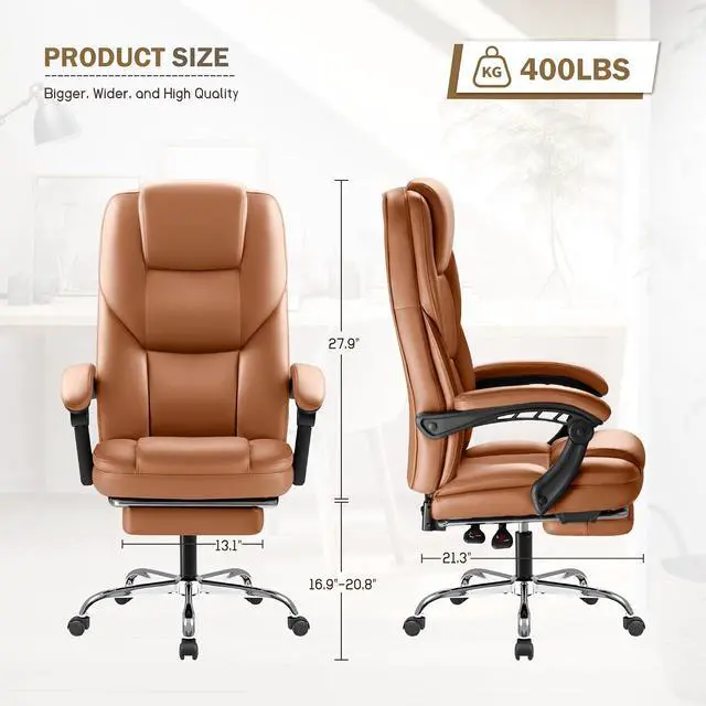 Alt view image 3 of 7 - Executive Office Chair with Foot Rest Big and Tall Office Chair Ergonomic Home Office Desk Chairs Reclining High Back Leather Chair with Lumbar Support, 400LBS (Brown)