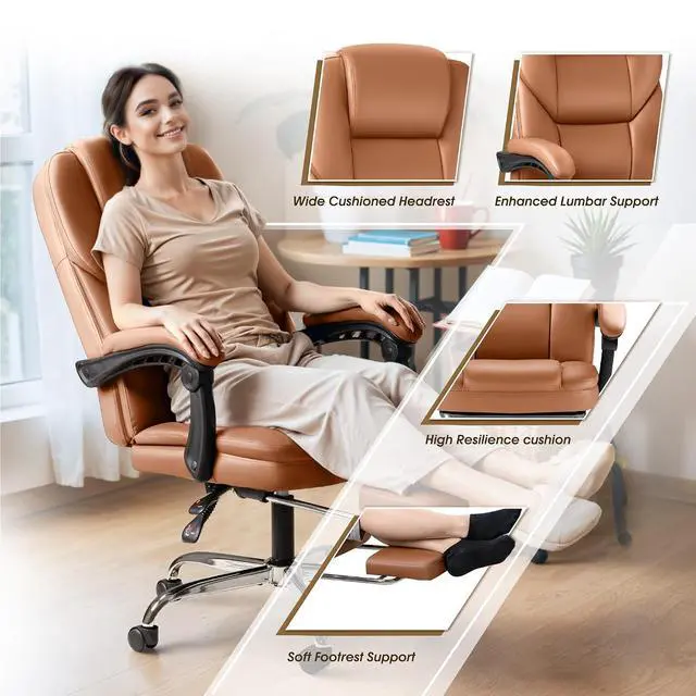 Alt view image 5 of 7 - Executive Office Chair with Foot Rest Big and Tall Office Chair Ergonomic Home Office Desk Chairs Reclining High Back Leather Chair with Lumbar Support, 400LBS (Brown)