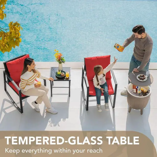 Alt view image 3 of 7 - 3 Piece Rocking Bistro Set Wicker Patio Outdoor Furniture Porch Chairs Conversation Sets with Glass Coffee Table (Red)