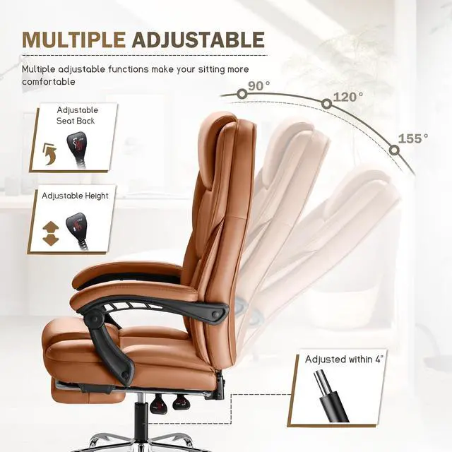 Alt view image 6 of 7 - Executive Office Chair with Foot Rest Big and Tall Office Chair Ergonomic Home Office Desk Chairs Reclining High Back Leather Chair with Lumbar Support, 400LBS (Brown)