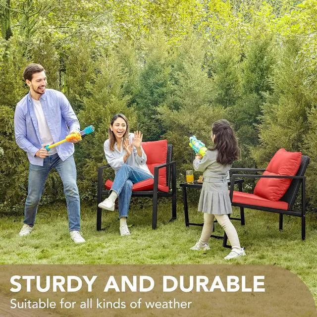 Alt view image 5 of 7 - 3 Piece Rocking Bistro Set Wicker Patio Outdoor Furniture Porch Chairs Conversation Sets with Glass Coffee Table (Red)
